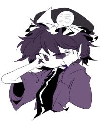 Rule 34 | 1other, black hat, black shirt, breasts, chinese commentary, closed mouth, colored skin, commentary request, genderswap, genderswap (otf), hands on own face, hat, jacket, len&#039;en, ling s, long sleeves, no nose, purple eyes, purple hair, purple jacket, shirt, shitodo kuroji, short hair, simple background, sketch, small breasts, solo, upper body, white background, white skin, wide sleeves
