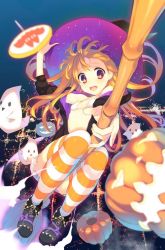 Rule 34 | 1girl, blonde hair, broom, broom riding, cityscape, cloud, flying, ghost, halloween, hat, jack-o&#039;-lantern, long hair, matching hair/eyes, night, open mouth, orange eyes, orange hair, original, pumpkin, ribbon, solo, striped clothes, striped thighhighs, tatami to hinoki, thighhighs, witch, witch hat