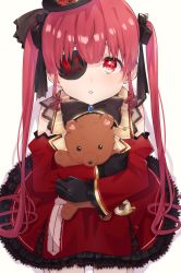 Rule 34 | 1girl, aged down, arrow through heart, black gloves, black ribbon, blush, breasts, brooch, detached sleeves, dress, eyepatch, frilled dress, frills, from above, gloves, gold trim, gothic lolita, highres, holding, holding stuffed toy, hololive, houshou marine, houshou marine (gothic lolita), hugging object, jewelry, kneeling, lolita fashion, long hair, long sleeves, looking at viewer, official alternate costume, pocket watch, red dress, red eyes, ribbon, sidelocks, sleeveless, sleeveless dress, solo, stuffed animal, stuffed toy, teddy bear, twintails, virtual youtuber, vvvrkgk, watch, white background