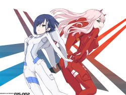 Rule 34 | 10s, 2girls, aqua eyes, back-to-back, blue hair, bodysuit, breasts, cameltoe, darling in the franxx, fang, green eyes, hair ornament, hairband, hairclip, holding hands, horns, ichigo (darling in the franxx), kazuoki, long hair, looking at viewer, multiple girls, pilot suit, pink hair, red bodysuit, short hair, skin tight, straight hair, white bodysuit, zero two (darling in the franxx)