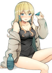 Rule 34 | 1girl, bare shoulders, black camisole, black panties, blonde hair, blue eyes, blue ribbon, blush, breasts, brown jacket, camisole, choko (cup), cleavage, collarbone, commentary request, cup, fang, fingernails, hair between eyes, hair ribbon, holding, jacket, kurata rine, long hair, long sleeves, medium breasts, off shoulder, open clothes, open jacket, original, panties, parted lips, ribbon, shadow, sitting, sleeves past wrists, smile, solo, tokkuri, underwear, white background