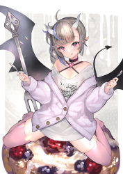Rule 34 | 1girl, :q, absurdres, blush, breasts, cleavage, collar, demon tail, demon wings, food, fork, grey hair, highres, hitowa, holding, holding fork, holding knife, horns, knife, looking at viewer, original, pastry, pink eyes, pink thighhighs, ponytail, side ponytail, simple background, sitting, solo, spread legs, tail, thighhighs, tongue, tongue out, wariza, white background, wings