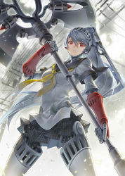 Rule 34 | &gt;:(, 1girl, android, black sailor collar, black skirt, breasts, closed mouth, commentary request, grey hair, hagure keg, hair between eyes, highres, holding, holding weapon, houndstooth, joints, labrys (persona), neckerchief, persona, persona 4: the ultimate in mayonaka arena, pleated skirt, power lines, print skirt, red eyes, robot joints, sailor collar, shirt, short sleeves, skirt, small breasts, solo, utility pole, v-shaped eyebrows, weapon, white shirt, yellow neckerchief