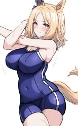 Rule 34 | 1girl, alternate costume, animal ears, blonde hair, blush, bouncing breasts, breasts, cleavage, commentary request, forehead, highres, horse ears, horse girl, horse tail, kibihimi, large breasts, looking at viewer, narita top road (umamusume), school swimsuit, simple background, smile, solo, split mouth, stretching, sweat, swimsuit, tail, tracen swimsuit, umamusume, white background, yellow eyes