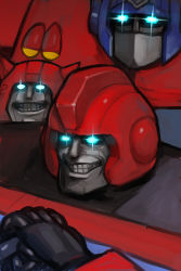 Rule 34 | 1980s (style), 3boys, artist request, autobot, blue eyes, clenched hand, cliffjumper, creepy, dark, evil smile, eye focus, glowing, glowing eyes, highres, horror (theme), ironhide, looking at viewer, machinery, male focus, multiple boys, no humans, oldschool, optimus prime, retro artstyle, smile, teeth, transformers, what