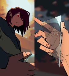 Rule 34 | 1other, animated, animated gif, brown hair, closed mouth, deltarune, glass shard, glass shards, highres, holding glass shard, kris (deltarune), medium hair, mutie (timestables), other focus, red eyes, reflection, solo, split screen, upper body