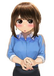 Rule 34 | 1girl, :o, bad id, bad pixiv id, black skirt, blue shirt, blush, borrowed character, brown eyes, brown hair, collared shirt, commentary request, cowboy shot, douki-chan (douki-chan), earrings, fingernails, ganbare douki-chan, highres, izawa (bhive003), jewelry, long sleeves, looking at viewer, medium hair, open mouth, pencil skirt, shirt, shirt tucked in, sidelocks, simple background, skirt, solo, upper body, white background