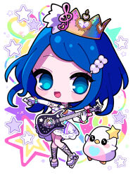 Rule 34 | 1girl, :d, bird, blue eyes, blue hair, bracelet, chibi, commentary request, crown, dress, elbow gloves, full body, gloves, guitar, hair ornament, heart, heart hair ornament, highres, holding, holding guitar, holding instrument, holding plectrum, ice skates, instrument, jewelry, kohinata kanoo, looking at viewer, open mouth, plectrum, pretty rhythm, pretty rhythm rainbow live, pretty series, rinne (pretty rhythm), short hair, skates, smile, solo, standing, star (symbol), starry background, treble clef, white dress, white gloves