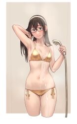 Rule 34 | 1girl, bikini, black hair, breasts, check commentary, collarbone, commentary request, cropped legs, gold bikini, green eyes, hairband, highres, holding, kantai collection, looking at viewer, navel, ooyodo (kancolle), semi-rimless eyewear, shower head, small breasts, solo, swimsuit, thigh gap, under-rim eyewear, water, wet bikini, white hairband, yuuji (and)