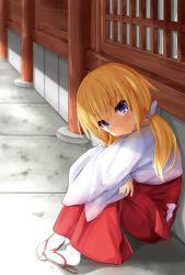 Rule 34 | 1girl, black footwear, blush, closed mouth, commentary request, full body, hair between eyes, hakama, hakama skirt, head tilt, highres, japanese clothes, kimono, knees up, long hair, long sleeves, looking at viewer, low twintails, miko, original, purple eyes, red hakama, sandals, sitting, skirt, sleeves past wrists, socks, solo, tabi, twintails, watarui, white kimono, white socks, wide sleeves, zouri