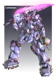 Rule 34 | absurdres, assault visor, commentary, english commentary, full body, gm iii, gundam, gundam aggressor, gundam zz, highres, holding, holding head, holding sword, holding weapon, jellen squish, mecha, mobile suit, over shoulder, redesign, robot, science fiction, severed head, solo, sword, weapon, weapon over shoulder, zaku ii