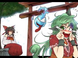 Rule 34 | +++, 2girls, aged up, ascot, black hair, blush, bracelet, closed eyes, constricted pupils, crying, crying with eyes open, day, detached sleeves, facial mark, fangs, green eyes, green hair, hair between eyes, hair tubes, hakurei reimu, hands together, hidden star in four seasons, hip vent, hitodama, horns, jewelry, komano aunn, laughing, letterboxed, long hair, long skirt, long tongue, maroon shirt, multiple girls, nose blush, open mouth, paw pose, pointy nose, red shirt, red skirt, ryuuichi (f dragon), sarashi, scared, shirt, single horn, sitting, skirt, streaming tears, summer, tail, tears, tongue, tongue out, torii, touhou, tree, triangular headpiece, upper body, white background