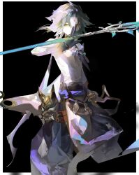 Rule 34 | 1boy, absurdres, arm tattoo, bead necklace, beads, black gloves, black hair, facial mark, forehead mark, genshin impact, gloves, green hair, highres, holding, holding polearm, holding weapon, jewelry, jingmi, male focus, mask, multicolored hair, necklace, orange eyes, polearm, primordial jade winged-spear (genshin impact), simple background, solo, spear, tattoo, unworn mask, weapon, xiao (genshin impact)
