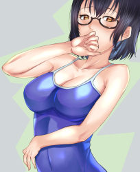Rule 34 | 10s, aona (anagasaki), asobi asobase, black-framed eyewear, black hair, blue one-piece swimsuit, blush, breasts, brown eyes, cleavage, collarbone, competition school swimsuit, covered navel, covering own mouth, glasses, large breasts, looking at viewer, nomura kasumi, nose blush, one-piece swimsuit, school swimsuit, short hair, solo, swimsuit, upper body