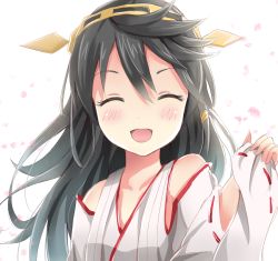 Rule 34 | 10s, 1girl, bad id, bad nicoseiga id, bare shoulders, black hair, bloom, cherry blossoms, detached sleeves, closed eyes, hair ornament, hairband, haruna (kancolle), headgear, japanese clothes, kantai collection, long hair, open mouth, personification, petals, ribbon-trimmed sleeves, ribbon trim, rin yuu, smile, solo, white background
