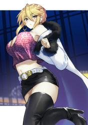 Rule 34 | 1girl, ahoge, artoria pendragon (fate), artoria pendragon (lancer alter) (fate), bare shoulders, belt, black footwear, black skirt, blonde hair, blush, boots, braid, braided bun, breasts, camisole, closed mouth, coat, contemporary, earrings, fate (series), french braid, fur-trimmed coat, fur trim, green eyes, hair between eyes, hair bun, high heel boots, high heels, highres, hoop earrings, jewelry, large breasts, long hair, long sleeves, looking at viewer, muunyan (yumenekoya), navel, off shoulder, open clothes, open coat, pink camisole, sidelocks, skirt, solo, thigh boots, thighhighs, white belt