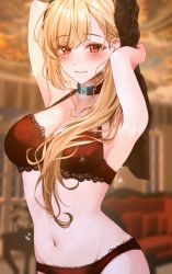 Rule 34 | 1girl, amyu (amm asl pa), armpits, arms up, bad id, bad pixiv id, black choker, blonde hair, blue gemstone, blurry, blurry background, blush, bra, breasts, choker, cleavage, commentary, commission, cowboy shot, eyelashes, gem, hair over shoulder, highres, holding, holding towel, indoors, lace, lace-trimmed bra, lace-trimmed panties, lace trim, long hair, looking at viewer, medium breasts, navel, original, panties, parted lips, red bra, red eyes, red panties, skeb commission, smile, solo, standing, stomach, sweat, towel, underwear, underwear only