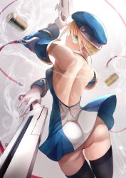 Rule 34 | 1girl, absurdres, ass, back, backless dress, backless outfit, bare shoulders, beret, black thighhighs, blazblue, blonde hair, blue hat, bolverk, breasts, bullet casing, dai toro, dress, dual wielding, eyebrows, gloves, green eyes, hat, highres, holding, leotard, medium breasts, noel vermillion, shell casing, solo, thighhighs, white background, white gloves