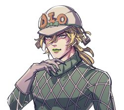 Rule 34 | 1boy, blonde hair, charai (withoutyou222), commentary request, diego brando, gloves, green lips, hat, helmet, jojo no kimyou na bouken, long hair, long sleeves, looking away, male focus, simple background, solo, steel ball run, sweater, turtleneck, turtleneck sweater, white background, yellow eyes