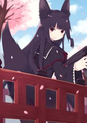 Rule 34 | 1girl, animal ears, black hair, cherry blossoms, cloud, cloudy sky, day, fox ears, fox tail, gun, holding, holding weapon, long hair, looking at viewer, looking back, machine pistol, nekomo, original, petals, red eyes, sky, smile, solo, submachine gun, tail, tree, uzi, weapon, wide sleeves