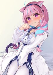 Rule 34 | :3, absurdres, ahoge, anchor hair ornament, animal ear fluff, animal ears, between legs, blue bow, blue hair, blue hairband, blue ribbon, blue sailor collar, blush, bow, braid, breasts, buttons, cat ears, cat girl, cat tail, cleavage, closed mouth, collar, dress, feet out of frame, frilled collar, frills, frontrivers kae, hair ornament, hairband, hand between legs, hand up, head tilt, highres, hololive, jacket, large breasts, light blue hair, long hair, long sleeves, looking at viewer, minato aqua, multicolored hair, neck ribbon, open clothes, open jacket, pantyhose, pink eyes, pink hair, pleated dress, pocket, ribbon, sailor collar, sitting, smile, streaked hair, tail, tail bow, tail ornament, tail ribbon, twin braids, two-tone hair, virtual youtuber, white jacket, white pantyhose