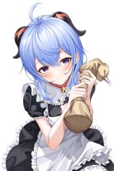 Rule 34 | 1girl, absurdres, ahoge, alternate costume, apron, bell, blue hair, blush, cream, cream on face, enmaided, food, food on face, ganyu (genshin impact), genshin impact, highres, horns, long hair, looking at viewer, maid, maid apron, neck bell, puffy short sleeves, puffy sleeves, purple eyes, short sleeves, sidelocks, smile, solo, tada (pixiv41160771), whipped cream, white background