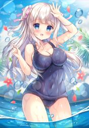 Rule 34 | 1girl, :d, arm up, bare arms, bare shoulders, blue eyes, blue one-piece swimsuit, blue sky, blurry, blurry background, bow, breasts, cleavage, cloud, collarbone, commentary request, commission, covered navel, day, depth of field, flower, grey hair, hair bow, highres, kouta., large breasts, long hair, looking at viewer, old school swimsuit, one-piece swimsuit, one side up, open mouth, original, outdoors, palm tree, petals, pink bow, red flower, school swimsuit, skeb commission, sky, smile, solo, standing, swimsuit, tree, very long hair, water