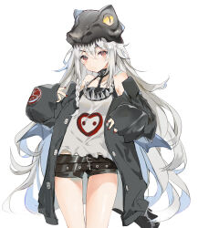 Rule 34 | 1girl, alternate costume, bare shoulders, belt, belt buckle, black belt, black shorts, blush, braid, breasts, brown eyes, buckle, character name, choker, closed mouth, collarbone, cowboy shot, dated, dinosaur, fingernails, g11 (dragon jr.) (girls&#039; frontline), g11 (girls&#039; frontline), girls&#039; frontline, green jacket, hair between eyes, hands up, hat, highres, holding, jacket, long hair, long sleeves, looking at viewer, messy hair, multiple belts, nail polish, off shoulder, open clothes, open jacket, red eyes, red nails, rero (bigdoorbig2), rocker-chic, shiny skin, shirt, short shorts, shorts, side braid, sidelocks, silver hair, simple background, single braid, sleeveless, sleeveless shirt, sleeves past wrists, small breasts, solo, sparkle, thighs, very long hair, white shirt