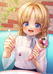 Rule 34 | 1girl, :d, alternate costume, blonde hair, blue eyes, blurry, blush, brick wall, casual, commentary request, crepe, depth of field, dutch angle, eye focus, eye reflection, food, hair intakes, highres, holding, holding spoon, incoming food, leaf, long hair, moriya suwako, nail polish, no headwear, nora wanko, open mouth, parted bangs, purple nails, reflection, see-through, smile, solo, sparkle, spoon, tank top, teeth, touhou, upper body, white tank top