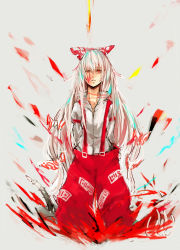 Rule 34 | 1girl, arms behind back, bad id, bad pixiv id, blood, blood on face, bow, female focus, frea, fujiwara no mokou, hair bow, long hair, solo, suspenders, touhou, white hair