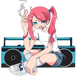 Rule 34 | 1girl, ahoge, asymmetrical bangs, bandaid, bandaid on cheek, bandaid on face, blue eyes, boombox, border, breasts, cigarette, eyes visible through hair, fila, full body, grey shorts, hair ornament, hair over one eye, hairclip, hand up, highres, holding, holding cigarette, indian style, long hair, looking at viewer, nao97122, open mouth, original, pink hair, ribbed socks, ringed eyes, shirt, shoes, short sleeves, shorts, side ponytail, simple background, single sidelock, sitting, small breasts, smoke, smoking, sneakers, socks, solo, t-shirt, white background, white border, white footwear, white shirt, white socks