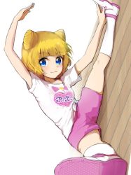 Rule 34 | 13-gou, 1girl, blonde hair, blue eyes, blush, breasts, character request, closed mouth, feet out of frame, looking at viewer, pretty series, pripara, shoes, short hair, shorts, small breasts, smile, sneakers, solo, stretching, white background