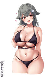 Rule 34 | 1girl, alternate costume, bare shoulders, bikini, black bikini, blush, breasts, collarbone, cowboy shot, ebifurya, grey hair, hair between eyes, hair flaps, hair ornament, hairclip, highres, jingei (kancolle), kantai collection, large breasts, long hair, looking at viewer, navel, one-hour drawing challenge, open mouth, red eyes, simple background, smile, solo, stomach, swimsuit, twitter username, underboob, white background