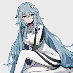 Rule 34 | 1girl, alternate hair length, alternate hairstyle, ayanami rei, blue hair, bodysuit, breasts, closed mouth, dango (uni 520), evangelion: 3.0+1.0 thrice upon a time, expressionless, foot out of frame, grey background, hair between eyes, light blue hair, long hair, looking at viewer, medium breasts, neon genesis evangelion, plugsuit, rebuild of evangelion, red eyes, sidelocks, simple background, sitting, skin tight, solo, very long hair, wavy hair, white bodysuit