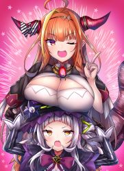 Rule 34 | 2girls, ahoge, black gloves, blunt bangs, breast envy, breast rest, breasts, breasts on head, cleavage, cleavage cutout, clothing cutout, dragon girl, dragon tail, gloves, hair ornament, highres, hololive, horn ornament, horns, huge breasts, index finger raised, kiryu coco, kiryu coco (1st costume), light purple hair, long hair, looking at viewer, multiple girls, murasaki shion, murasaki shion (1st costume), one eye closed, open mouth, orange eyes, orange hair, pointy ears, shiki (catbox230123), size difference, striped, tail, virtual youtuber