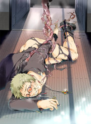 Rule 34 | ao no exorcist, blonde hair, bottomless, cross, fujimoto shirou, glasses, jewelry, light, male focus, necklace, priest, red eyes, tentacles, tentacles on male, torn clothes