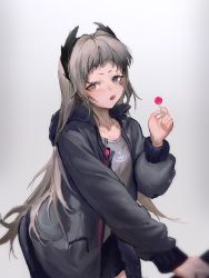 Rule 34 | 1girl, absurdres, alternate costume, arknights, black jacket, blush, brown eyes, brown hair, casual, cowboy shot, earrings, food, furioso, grey background, grey shirt, head wings, highres, holding, holding food, irene (arknights), jacket, jewelry, long hair, long sleeves, looking at viewer, open clothes, open jacket, open mouth, saliva, saliva trail, scar, scar across eye, scar on face, shirt, simple background, solo, very long hair, wings