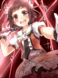 Rule 34 | 10s, 1girl, ahoge, blush, brown eyes, brown hair, double bun, dutch angle, gloves, kantai collection, looking at viewer, maruki (punchiki), microphone, naka (kancolle), open mouth, personification, school uniform, serafuku, short hair, solo, sparkle, white gloves