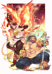 Rule 34 | 2boys, abs, action, animal ears, arsalan (tokyo houkago summoners), ass, bara, barefoot, beard, black hair, bulge, chest hair, couple, cross, facial hair, fiery wings, fighting stance, fingernails, fire, flaming halo, full body, furry, furry male, green hair, halo, highres, hip vent, interspecies, large pectorals, lion boy, lion ears, lion tail, male focus, mature male, multicolored hair, multiple boys, muscular, muscular male, nipples, pectorals, pelvic curtain, planted, planted sword, planted weapon, sharp fingernails, short hair, squatting, stomach, stubble, sword, tail, thick thighs, thighs, tokyo houkago summoners, topless male, two-tone hair, wafu (youzora samo18), weapon, wings, yellow eyes, zabaniyya (housamo)