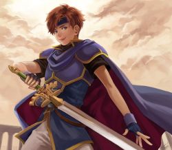 Rule 34 | 1boy, annelie, bad id, bad pixiv id, blue eyes, cape, fingerless gloves, fire emblem, fire emblem: the binding blade, gloves, headband, holding, holding sword, holding weapon, looking at viewer, male focus, nintendo, outdoors, red hair, roy (fire emblem), smile, sword, weapon