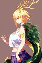Rule 34 | 1girl, alternate costume, antlers, bare arms, bare shoulders, blonde hair, blue skirt, breasts, brown background, cleavage, commentary request, cowboy shot, crop top, crop top overhang, dragon horns, dragon tail, earrings, from side, highres, horns, jewelry, kicchou yachie, large breasts, looking at viewer, midriff, navel, parted lips, pleated skirt, pointy ears, profile, raptor7, red eyes, ring, short hair, shoulder tattoo, simple background, skirt, solo, standing, tail, tank top, tattoo, touhou