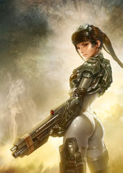Rule 34 | 1girl, armor, ass, bodysuit, brown eyes, brown hair, english text, gun, laser, laser pointer projection, laser sight, leo chuang, long hair, ponytail, rifle, science fiction, smoke, solo, visor (armor), weapon