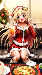 Rule 34 | 1girl, :d, black bow, blonde hair, blush, bow, breasts, christmas, christmas tree, cleavage, collarbone, cup, doukyuusei, doukyuusei another world, fang, floating hair, food, fur-trimmed headwear, fur-trimmed shirt, fur-trimmed skirt, fur trim, game cg, green eyes, hair between eyes, hair ornament, hat, head tilt, holding, holding cup, indoors, jewelry, juice, long hair, long sleeves, looking at viewer, medium breasts, miniskirt, necklace, official art, open mouth, orange juice, pizza, red hat, red shirt, red skirt, santa costume, santa hat, shirt, sitting, skin fang, skirt, smile, solo, star (symbol), star hair ornament, star necklace, tina (kakyuusei), very long hair