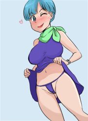 Rule 34 | 1girl, bare arms, bare shoulders, blue background, blue eyes, blue hair, blush, breasts, bulma, clothes lift, cowboy shot, dragon ball, dragon ball super, dragonball z, dress, female focus, green neckerchief, heart, highres, large breasts, lips, matching hair/eyes, navel, neckerchief, one eye closed, panties, presenting, purple dress, purple panties, rider 117, short hair, skirt, skirt lift, sleeveless, sleeveless dress, smile, solo, standing, thighs, thong, underwear, wink