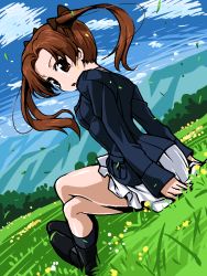 Rule 34 | 10s, 1girl, back, black socks, boots, brown eyes, brown hair, cloud, day, forest, from behind, girls und panzer, grass, hair ribbon, kadotani anzu, long hair, looking at viewer, looking back, military, military uniform, miniskirt, nature, open mouth, outdoors, pleated skirt, r-ex, ribbon, sitting, skirt, sky, socks, solo, twintails, uniform, white skirt, wind