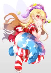 Rule 34 | 1girl, american flag dress, ass, blonde hair, butt crack, clothes pull, clownpiece, commentary request, dress, fairy wings, feet, full body, gradient background, grey background, grin, hat, highres, jester cap, long hair, looking at viewer, looking back, no panties, no shoes, pantyhose, pantyhose pull, polka dot, purple hat, red eyes, revision, short dress, short sleeves, smile, solo, star (symbol), star print, striped, touhou, transparent wings, wenu (kirikirimai), wings