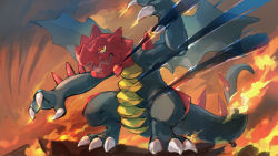 Rule 34 | angry, arm up, artist name, claws, creatures (company), day walker1117, dragon, druddigon, english text, fire, full body, game freak, gen 5 pokemon, half-closed eyes, highres, looking at viewer, nintendo, no humans, open mouth, pokemon, pokemon (creature), red background, sharp teeth, shoulder spikes, signature, solo, spiked tail, spikes, standing, tail, teeth, wings, yellow eyes