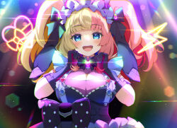 Rule 34 | 1girl, :d, animal ears, black gloves, blonde hair, blue eyes, blush, breasts, cleavage, cleavage cutout, clothing cutout, commentary request, connectopia, elbow gloves, fake animal ears, gachikoi neon, gloves, hands up, highres, large breasts, looking at viewer, open mouth, pilokey, pink hair, pink shirt, purple gloves, rabbit ears, shirt, smile, solo, teeth, thick eyebrows, twintails, upper body, upper teeth only, virtual youtuber