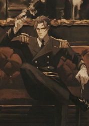 Rule 34 | 1boy, ace attorney, barok van zieks, black footwear, black jacket, black necktie, black pants, cane, cigar, closed mouth, couch, cross scar, foot out of frame, gloves, grey hair, hand up, highres, holding, holding cigar, jacket, long sleeves, looking at viewer, male focus, military, military jacket, military uniform, necktie, pants, raycrodu h, scar, scar on face, shirt, shoes, short hair, sitting, smoke, solo, the great ace attorney, the great ace attorney: adventures, uniform, white gloves, white shirt