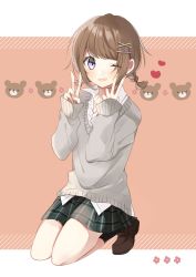 Rule 34 | 1girl, ;d, absurdres, black socks, blush, braid, brown background, brown footwear, brown hair, collared shirt, commentary request, double v, dress shirt, full body, green skirt, grey sweater, hachimitsu honey, hair ornament, hairclip, hands up, heart, highres, loafers, long sleeves, one eye closed, open mouth, original, plaid, plaid skirt, pleated skirt, purple eyes, seiza, shirt, shoes, short hair, sitting, skirt, sleeves past wrists, smile, socks, solo, sweater, twin braids, v, white shirt, x hair ornament